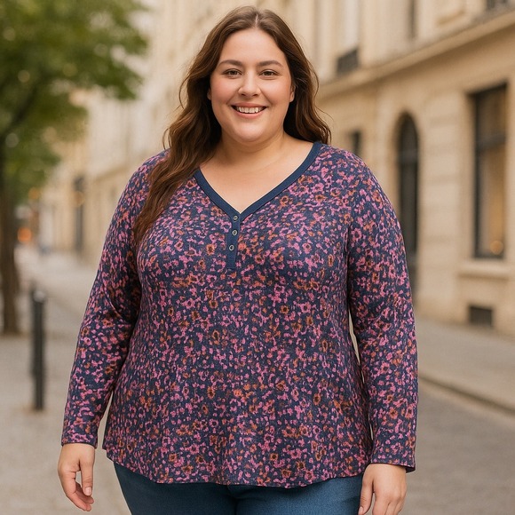 NEW Terra & Sky Women's 4X (28W-30W) Floral Animal Print Henley Top Boho Lounge - Picture 1 of 8